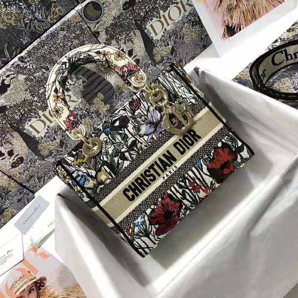 Close-up of floral embroidery and gold DIOR hardware on Lady D-lite Bag