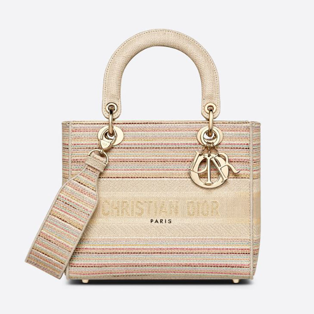 Front view of Dior Women Medium Lady D-lite Bag Multicolor Stripes Embroidery