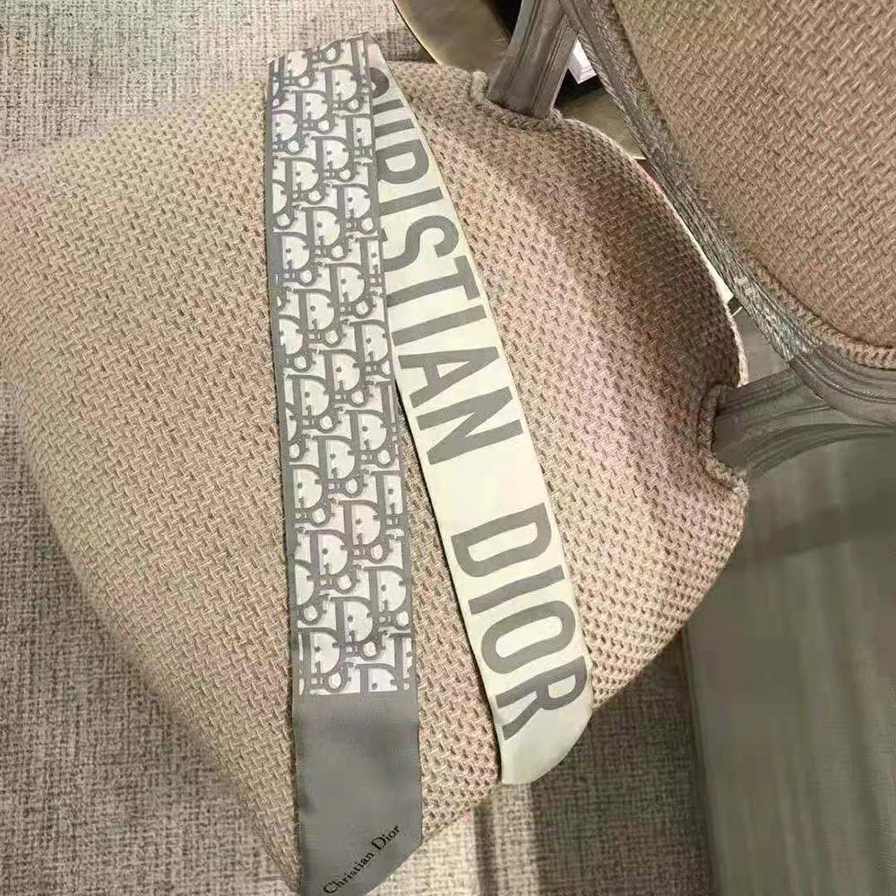 Dior Women Oblique Mitzah Scarf Gray Silk Twill styled as neck accessory