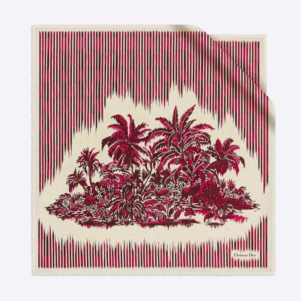 Dior Women Palms Square Scarf Burgundy Silk Twill folded flat showing palm motif
