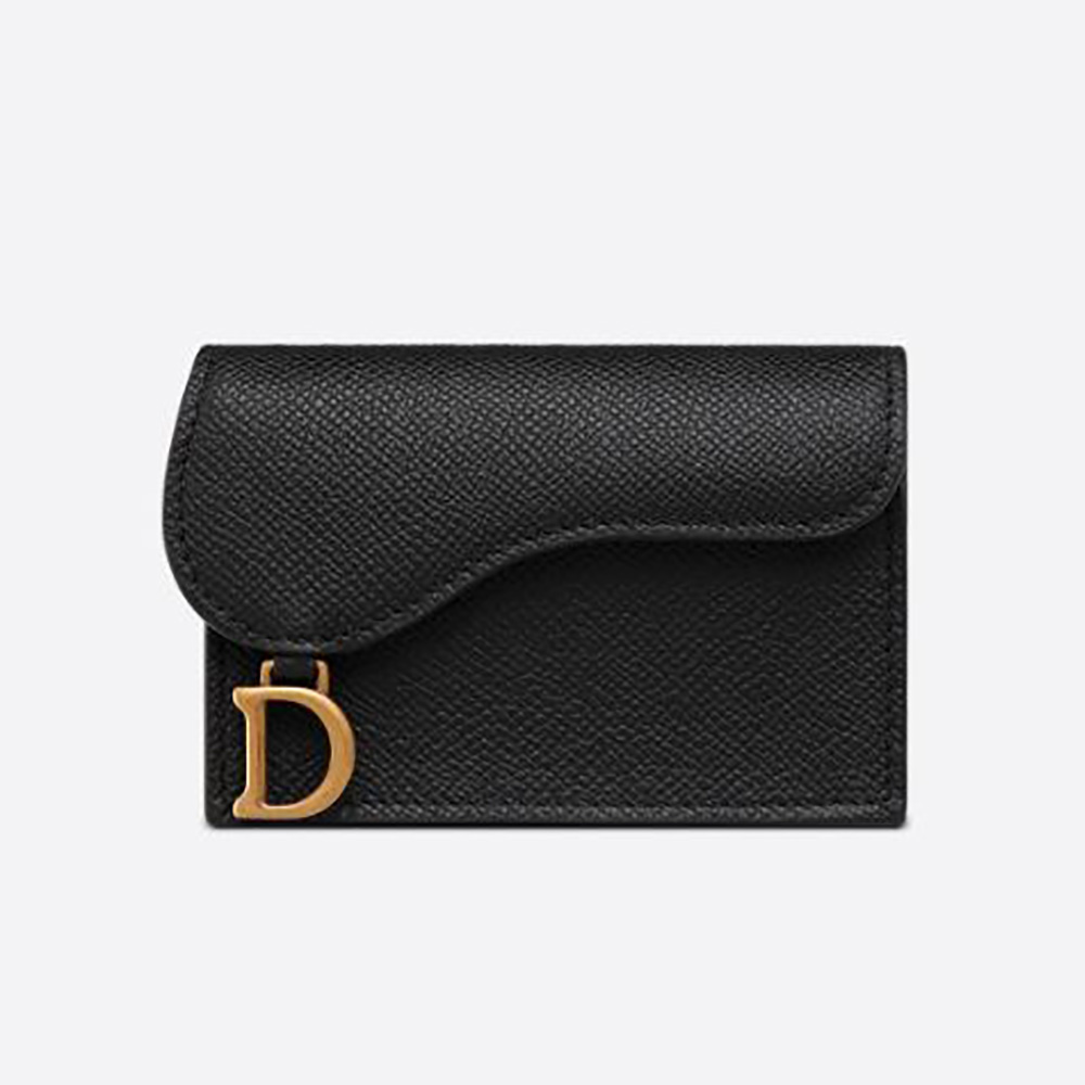 Front view of Dior Women Saddle Flap Card Holder Black Grained Calfskin