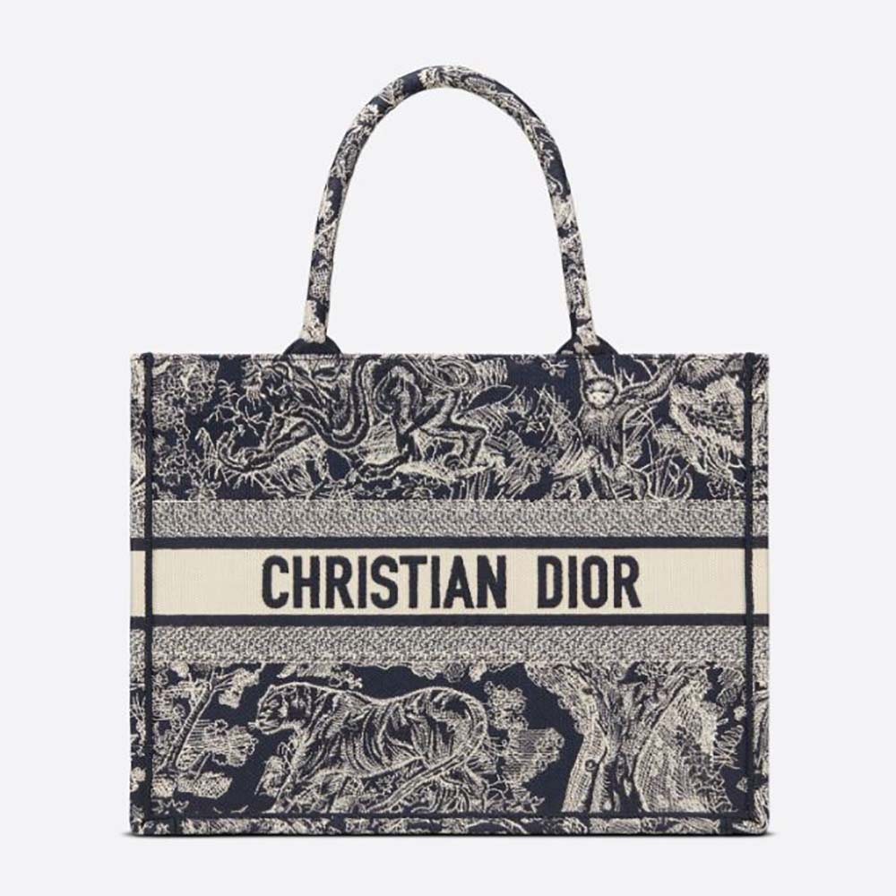 Front view of Dior Women Small Dior Book Tote Blue Toile de Jouy Reverse Embroidery