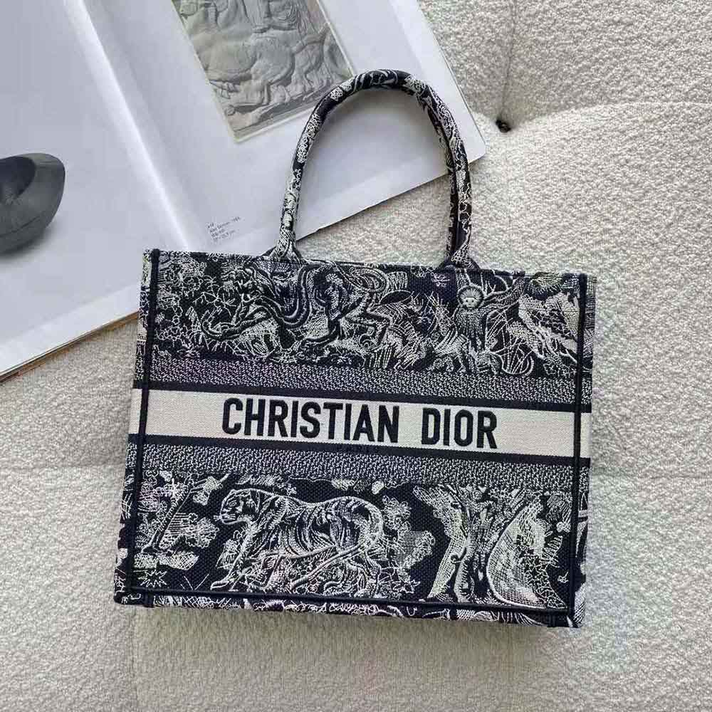 Close-up of intricate black reverse embroidery on Small Dior Book Tote by Dior