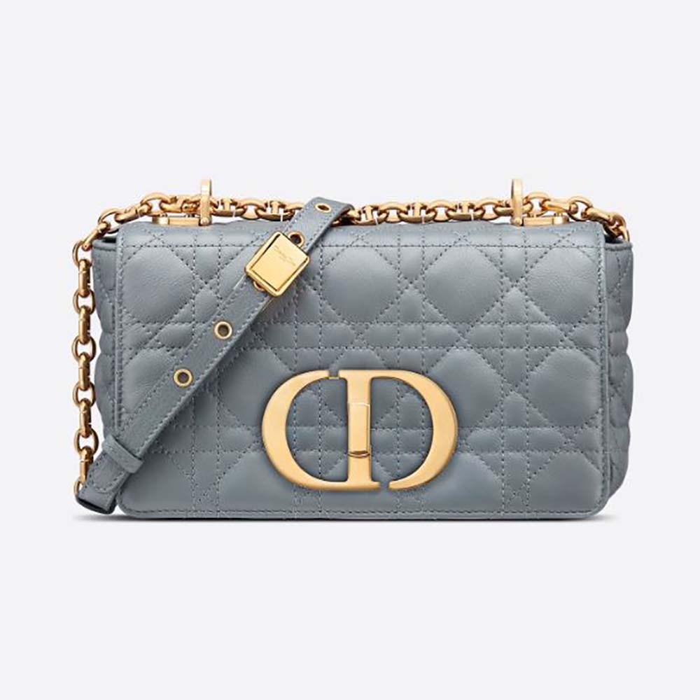 Front view of Dior Women Small Dior Caro Bag Cloud Blue Supple Cannage Calfskin