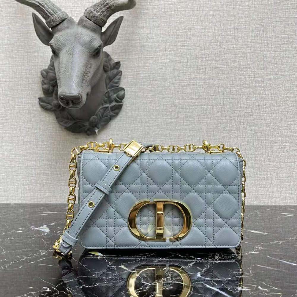 Close-up detail of silver hardware and Cannage quilting on the Dior bag