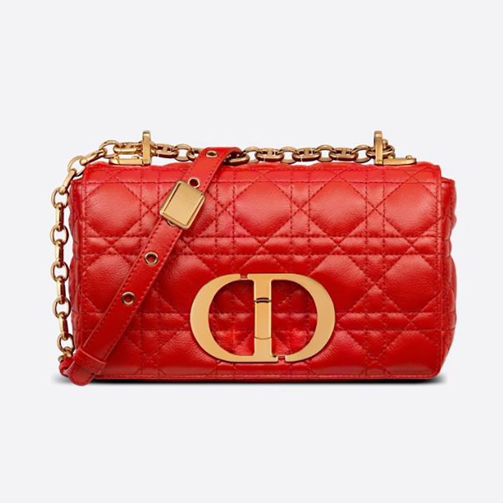 Front view of Dior Women Small Dior Caro Bag Supple Cannage Calfskin-Red