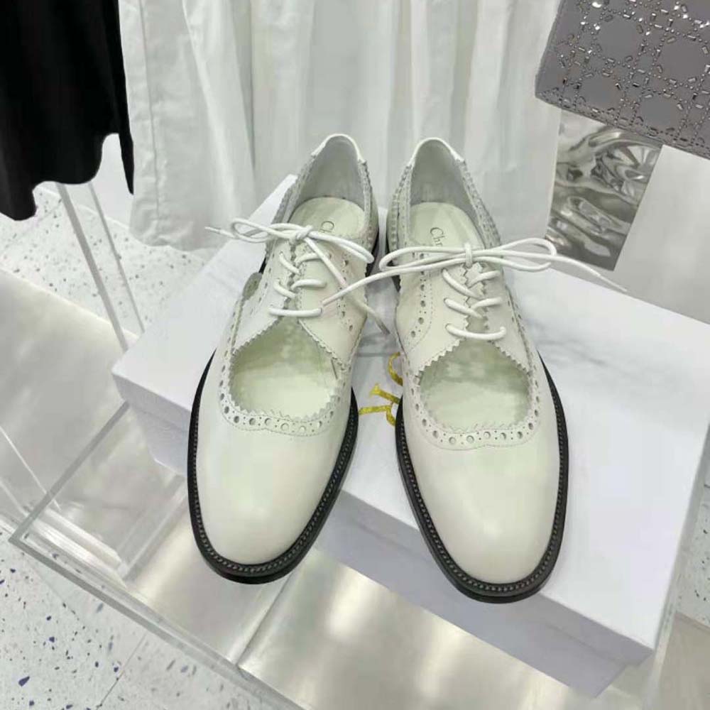 Close-up of perforated calfskin and lace detail on Dior Women Teddy-d Derby