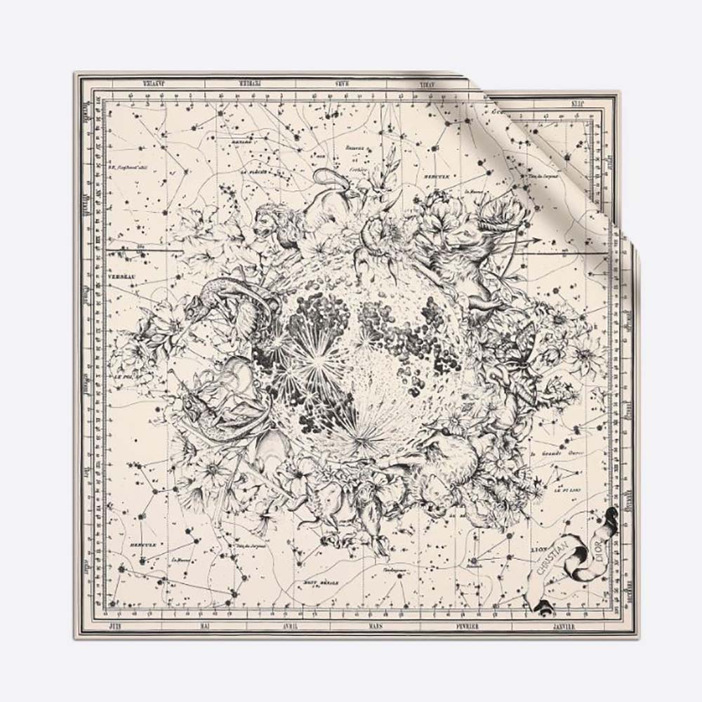 Dior Women Zodiac Square Scarf White and Black Silk Twill folded flat showing zodiac pattern