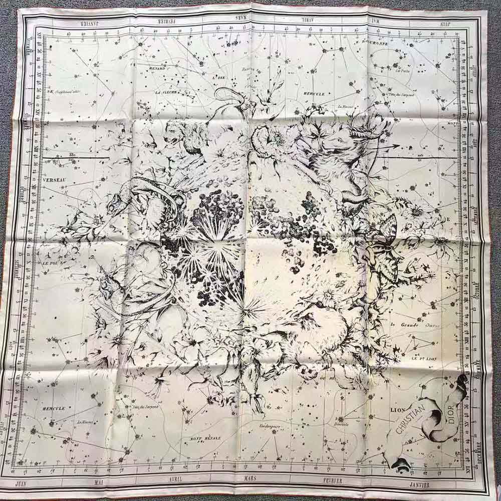 Close-up of zodiac motif on Dior Women Zodiac Square Scarf White and Black Silk Twill