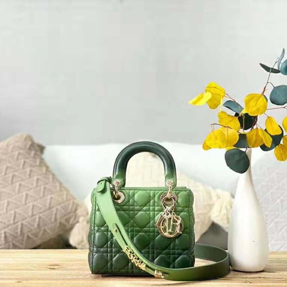 Close-up of green gradient lambskin and signature Cannage stitching detail