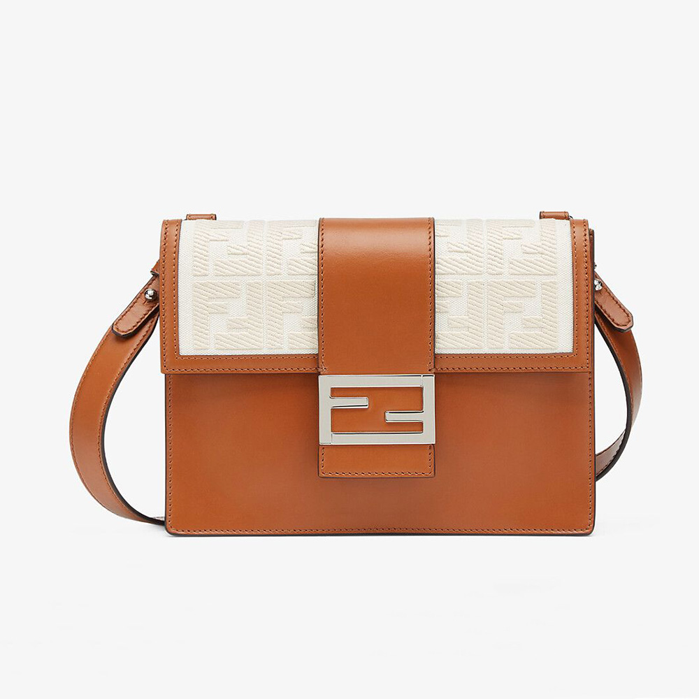 Front view of Fendi Men Flat Baguette Leather Bag-Brown with flap closed