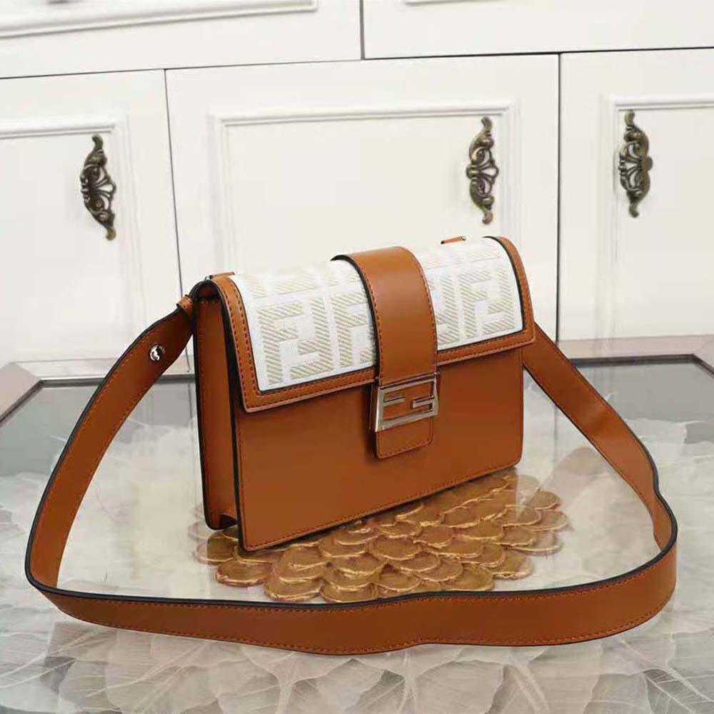 Side profile showing slim silhouette of Fendi Men Flat Baguette Leather Bag-Brown