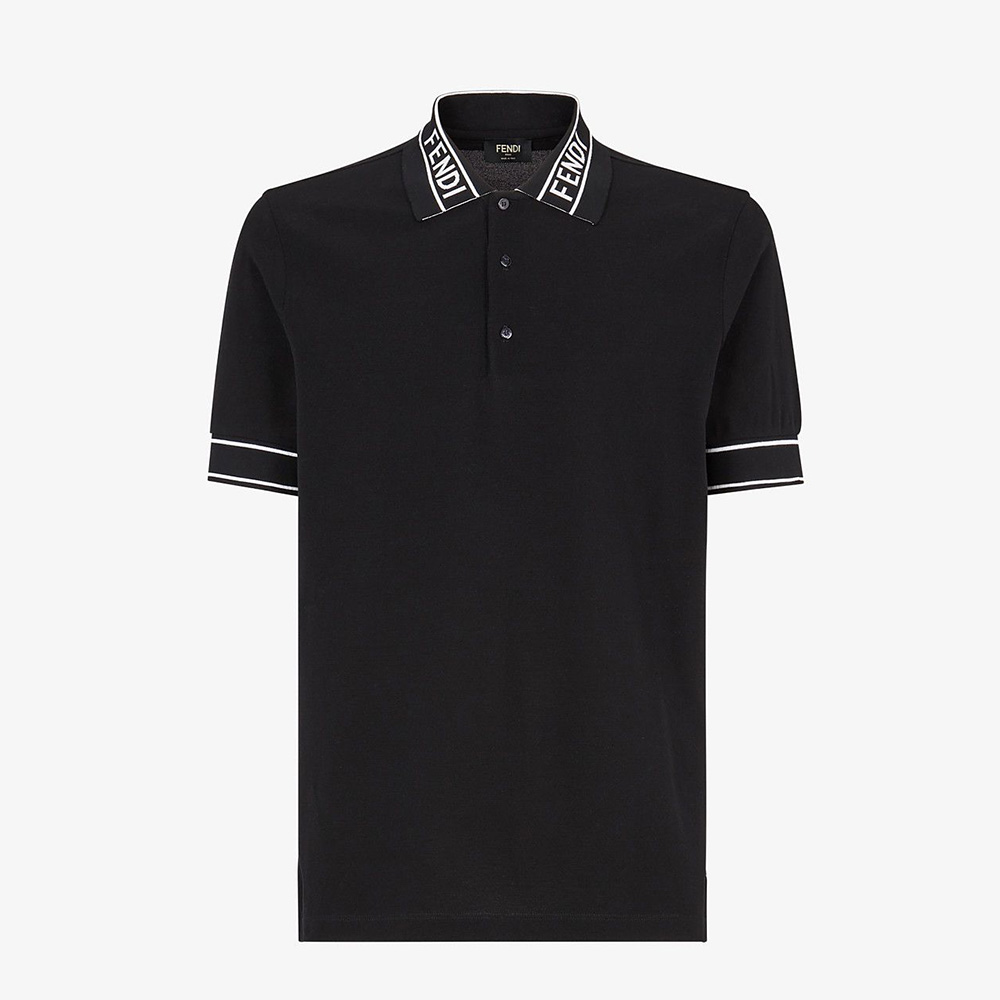 Front view of Fendi Men Polo Shirt Black Pique Sweater showcasing button closure