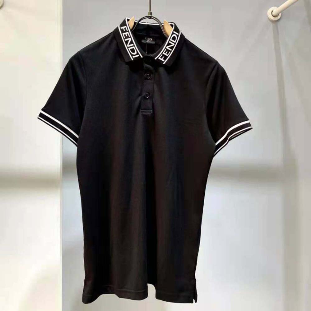 Close-up detail of textured cotton pique fabric on Fendi Men Polo Shirt Black Pique Sweater