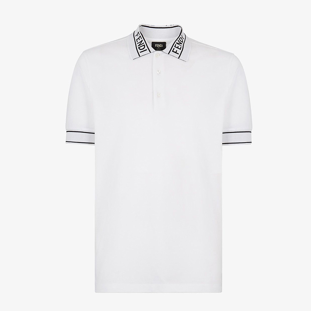 Front view of Fendi Men Polo Shirt White Pique Sweater on mannequin