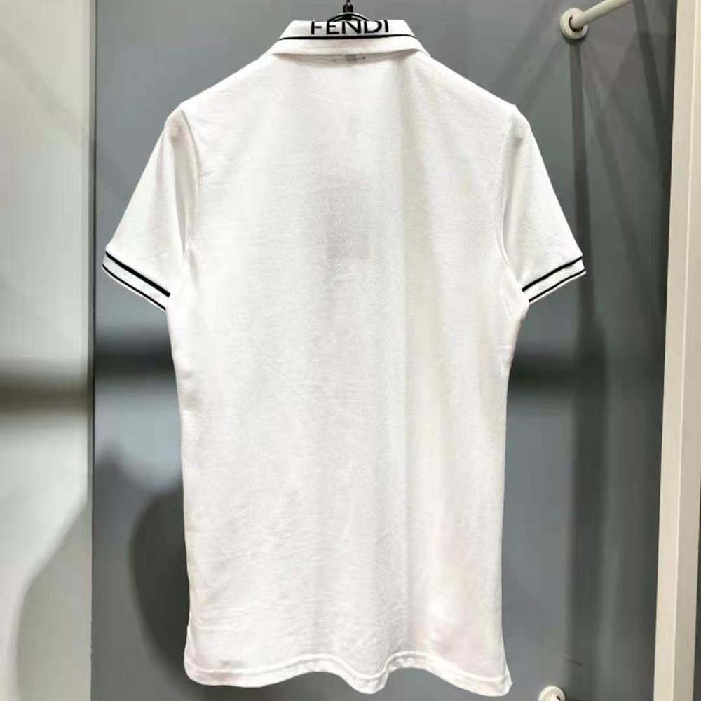 Side angle showing slim fit silhouette of Fendi Men Polo Shirt White Pique Sweater