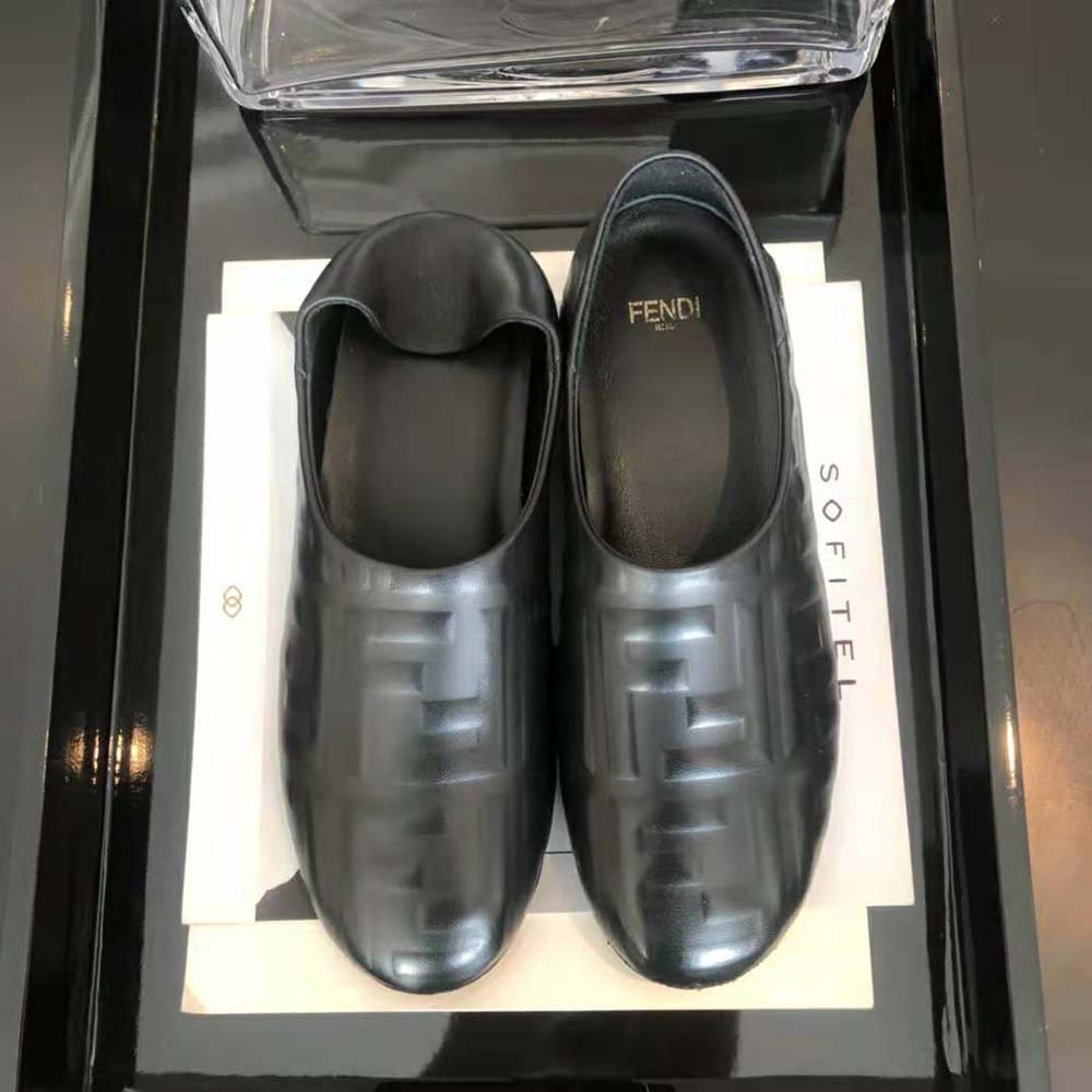 Overhead view showing sleek silhouette of Fendi Unisex Black Slippers