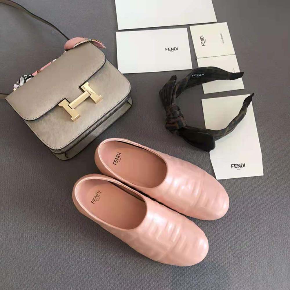 Top view of Fendi Unisex Signature Pink Nappa Leather Slippers highlighting leather texture