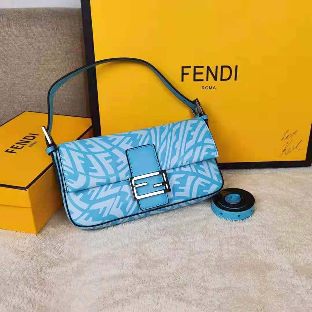 Close-up of gold hardware on Fendi Women Baguette 1997 Blue Glazed Canvas Bag