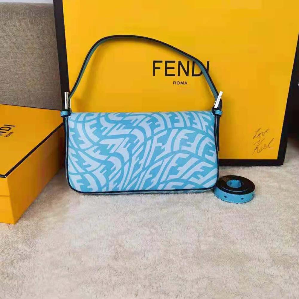 Side angle showing silhouette of Fendi Women Baguette 1997 Blue Glazed Canvas Bag