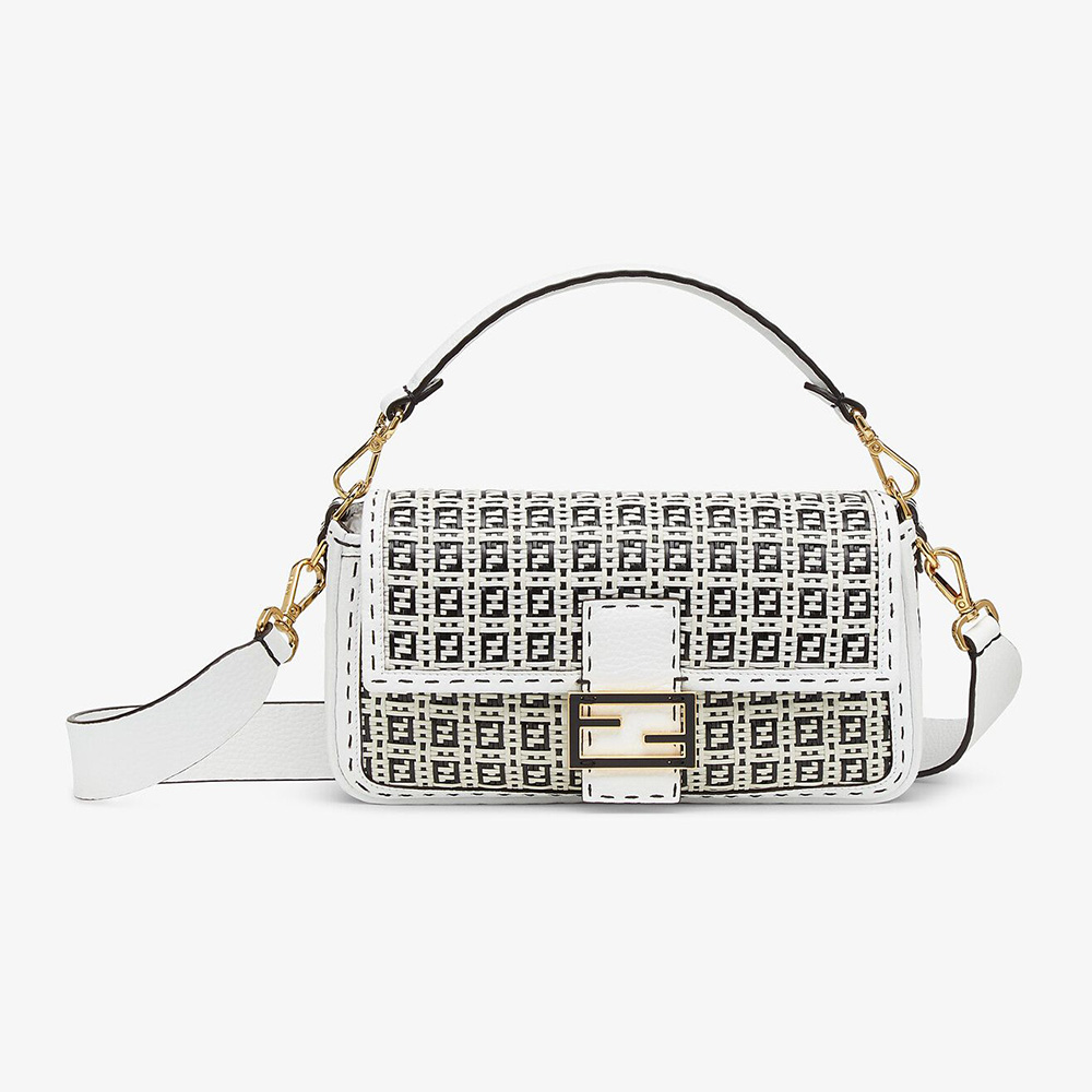 Front view of Fendi Women Baguette Black and White Braided Leather Bag