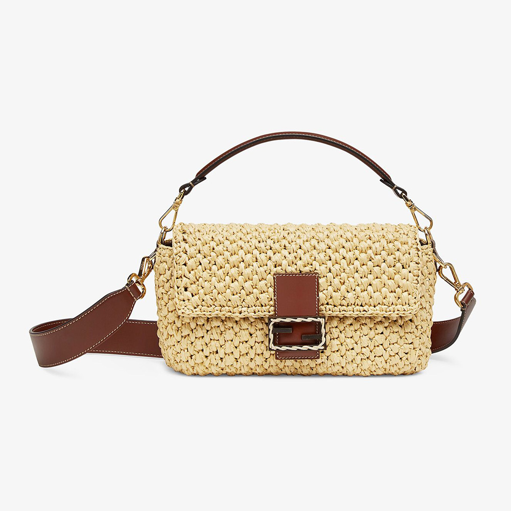 Front view of Fendi Women Baguette Woven Straw Bag-Beige with gold hardware