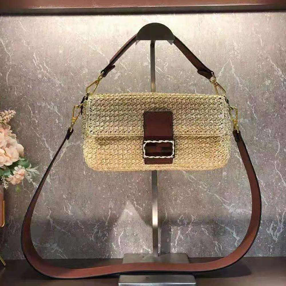 Close-up of woven straw texture on Fendi Women Baguette Woven Straw Bag-Beige