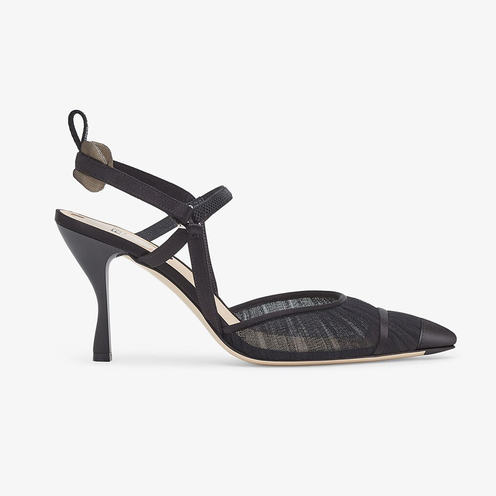 Side view of Fendi Women Colibri Lite Black Tulle and Satin High-heeled Slingbacks