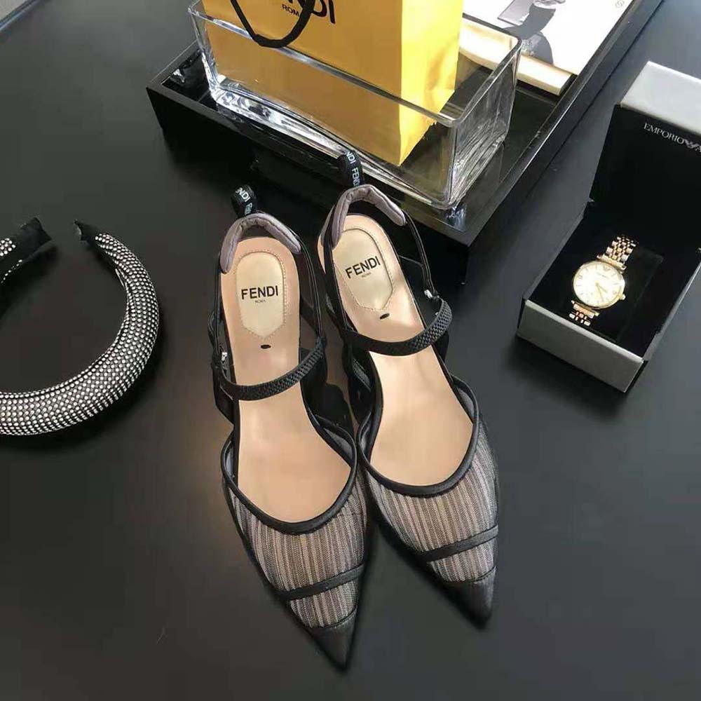 Back angle showing slingback strap and slim heel on Fendi Colibri Lite shoes