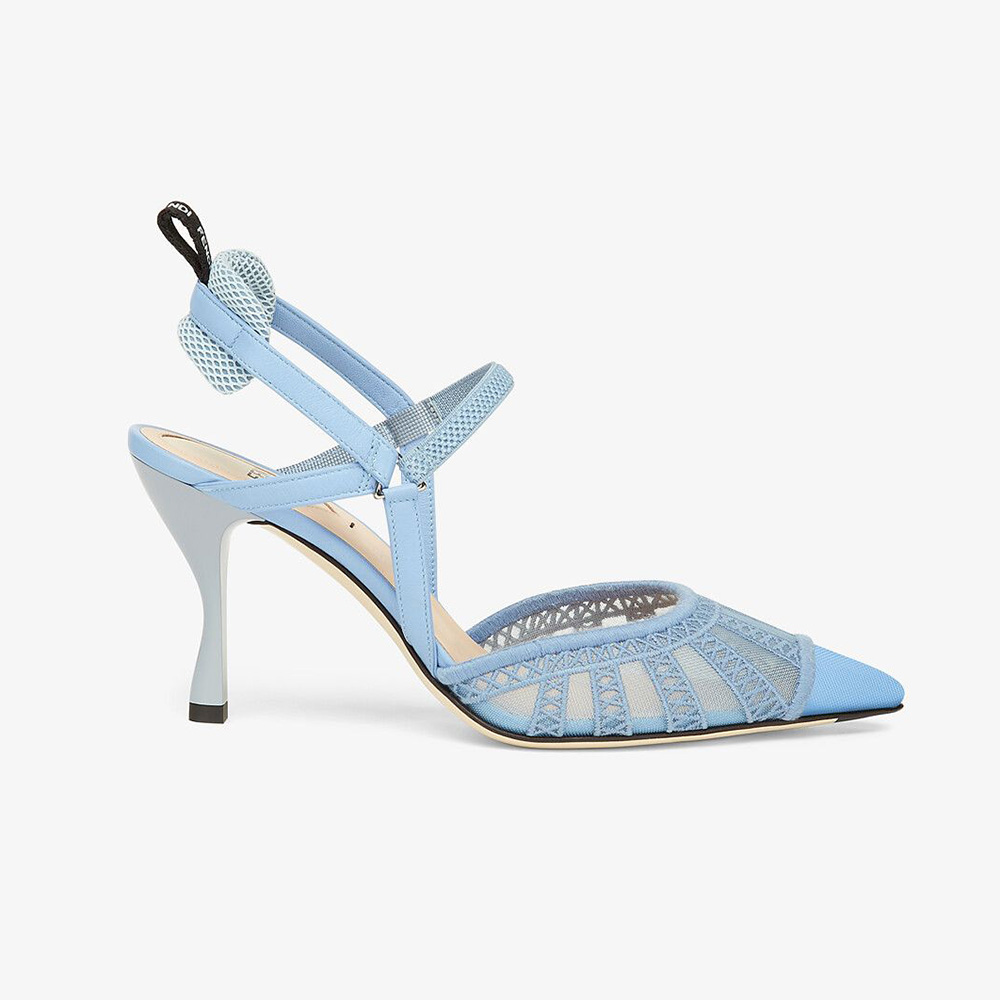 Side profile of Fendi Women Colibri Lite Light Blue Micromesh High-heeled Slingbacks