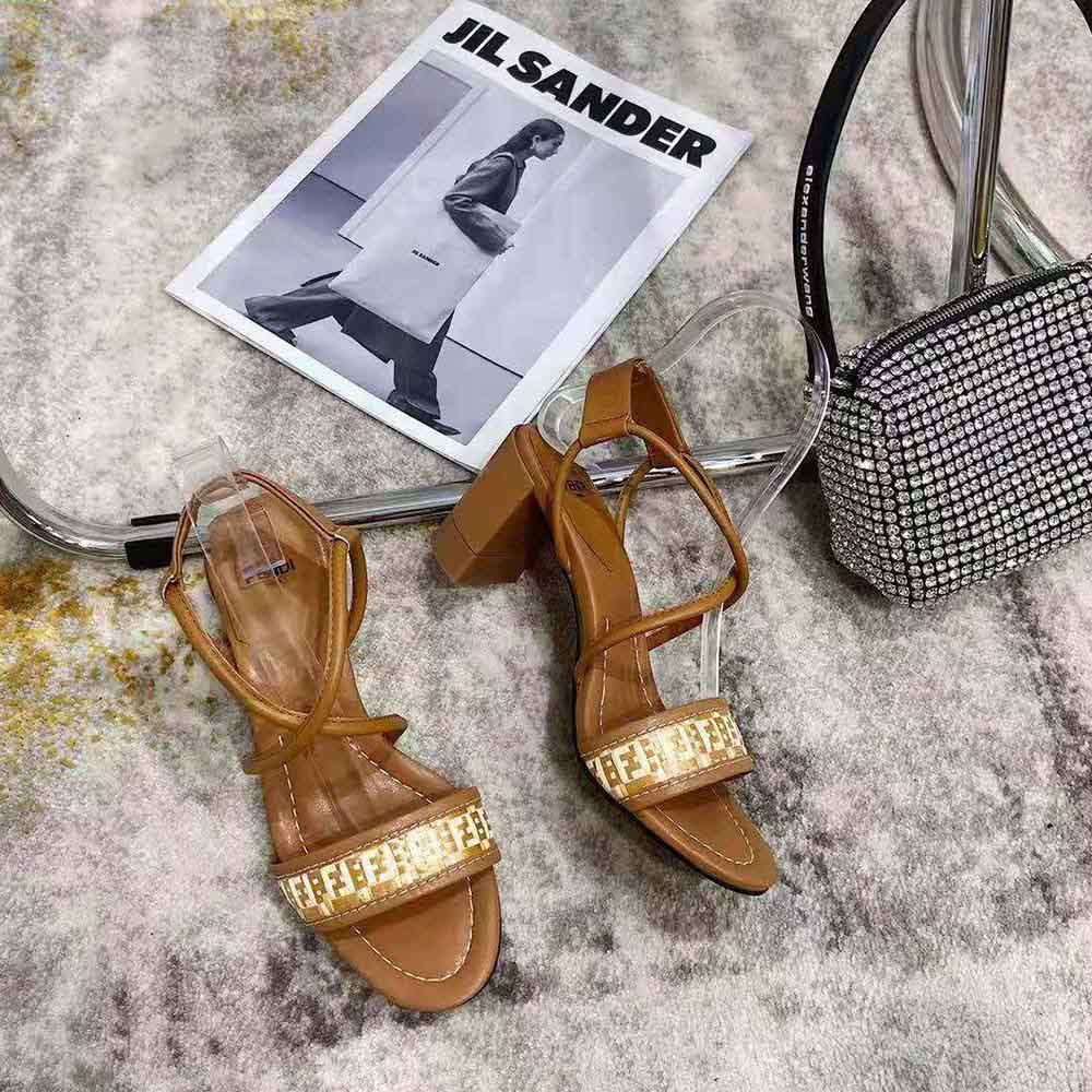 Top angle view of Fendi Women FF Interlace Brown Leather Sandals straps