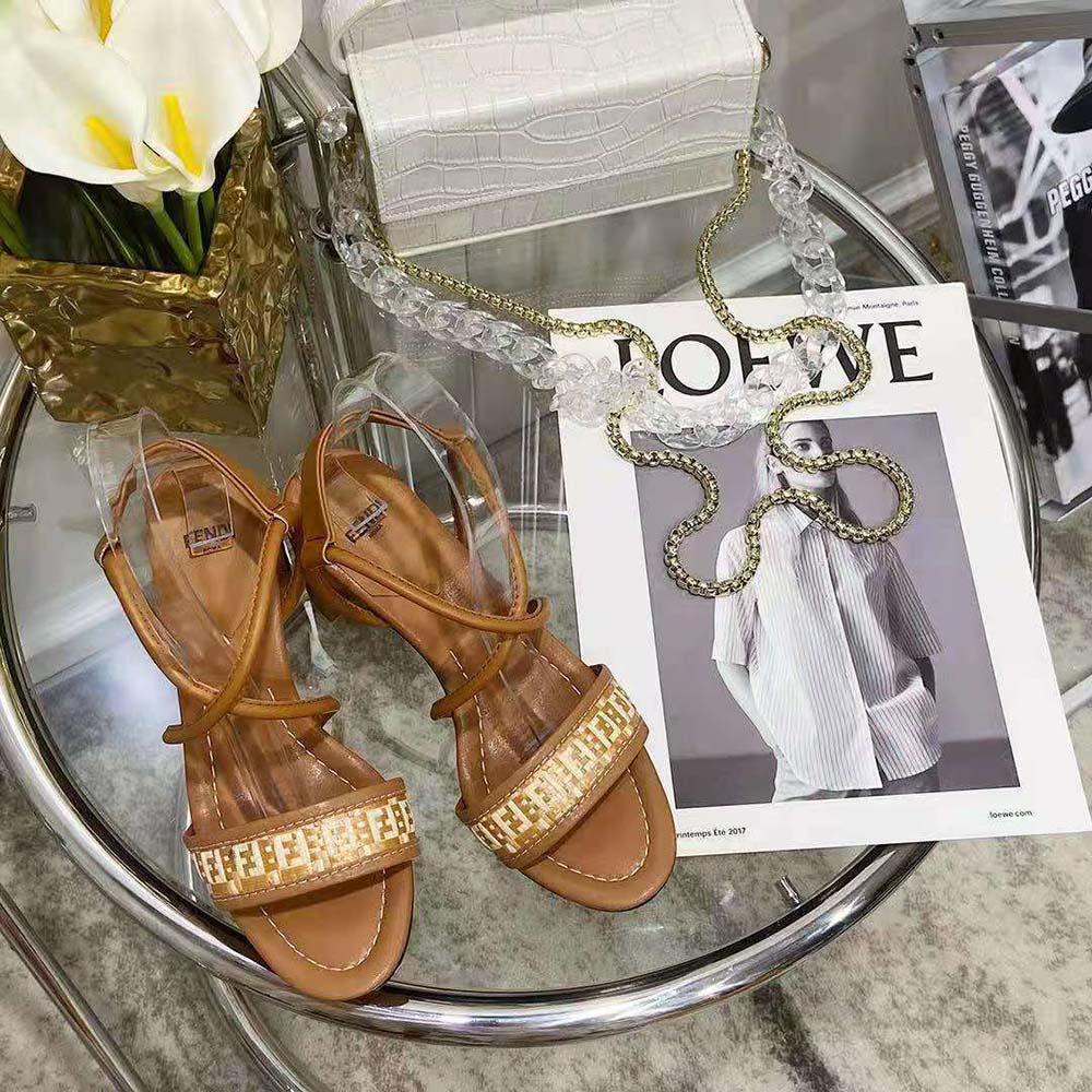Close-up of signature interlaced FF hardware on Fendi Women Sandals