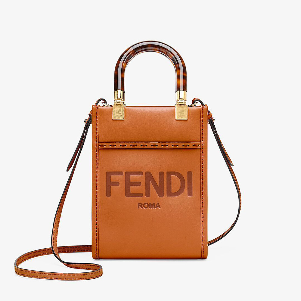 Front view of Fendi Women Mini Sunshine Shopper dark brown leather mini-bag