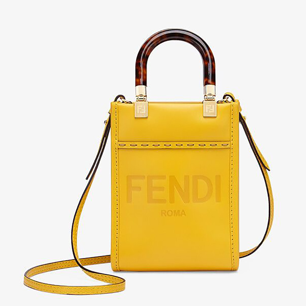 Front view of Fendi Women Mini Sunshine Shopper Leather Mini-Bag-Yellow showing zipper