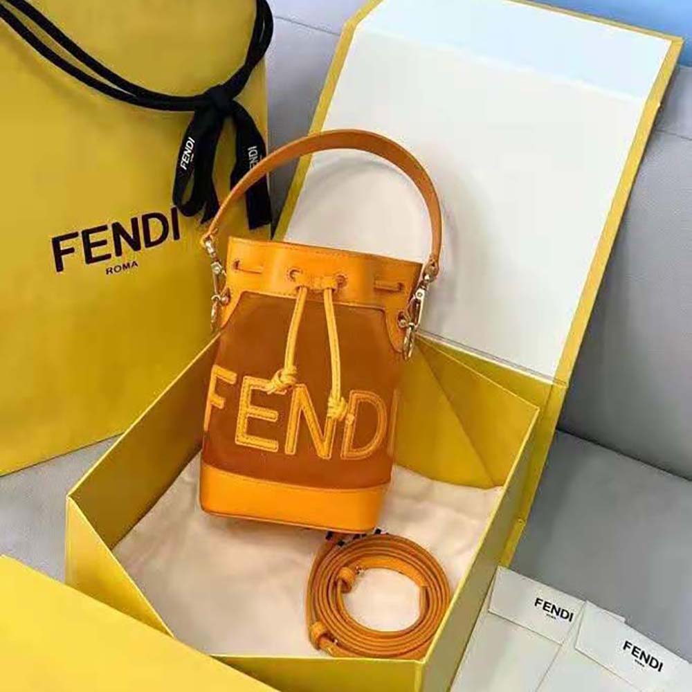 Close-up of gold hardware on Fendi Women Mon Tresor Leather and Mesh Mini-bag-Orange