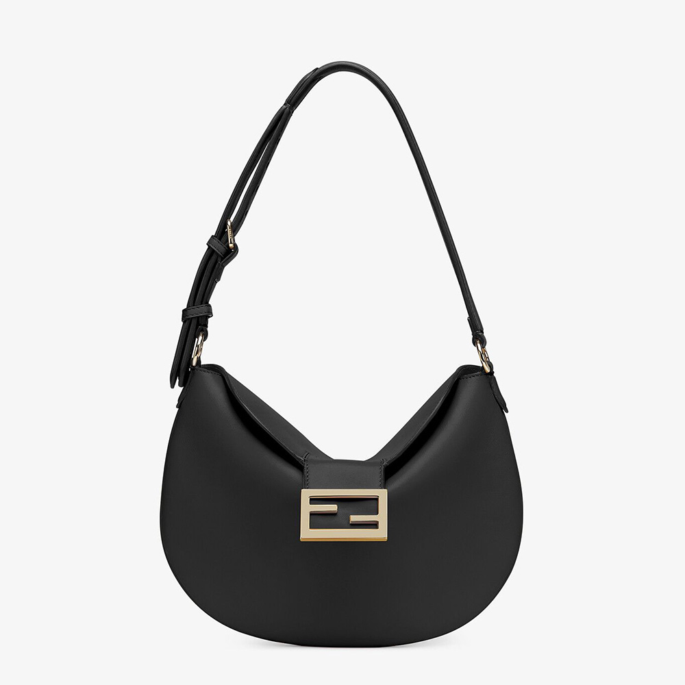 Front view of Fendi Women Small Croissant Black Leather Bag showing crescent silhouette
