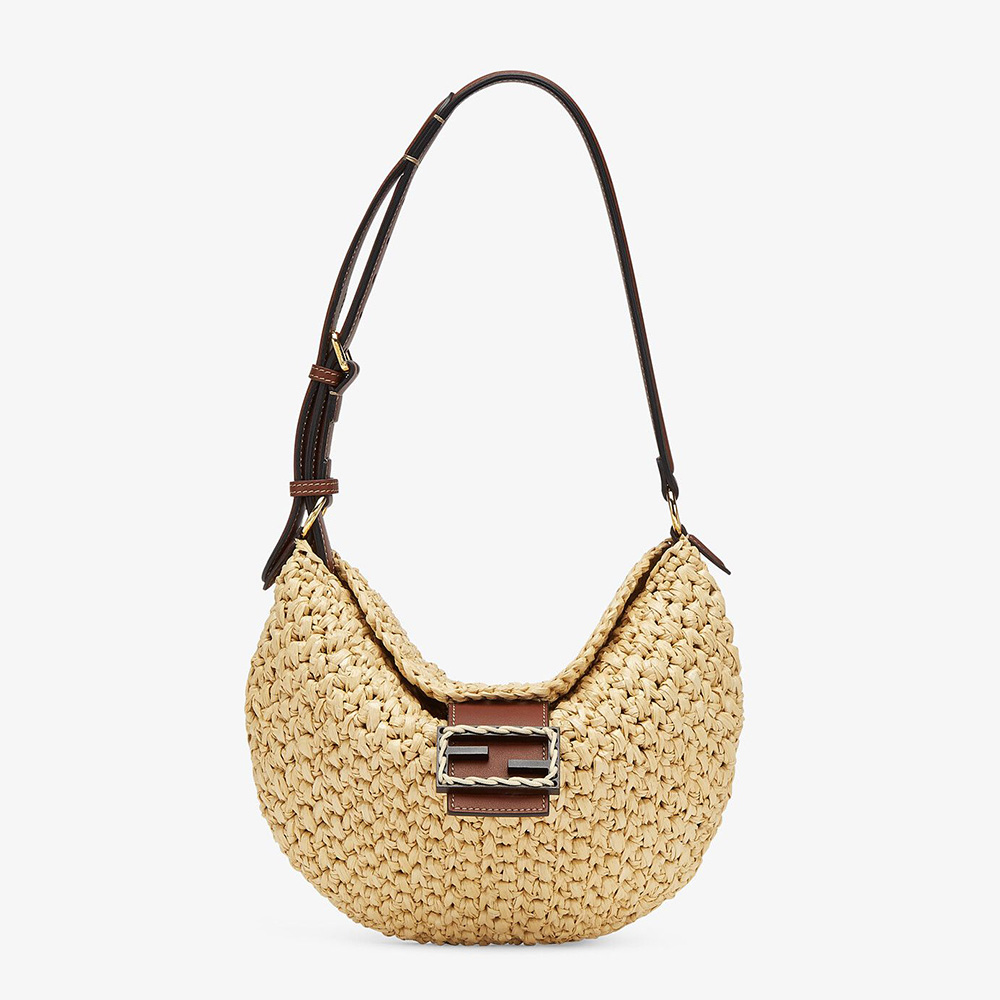 Front view of Fendi Women Small Croissant Woven Straw Bag-Beige