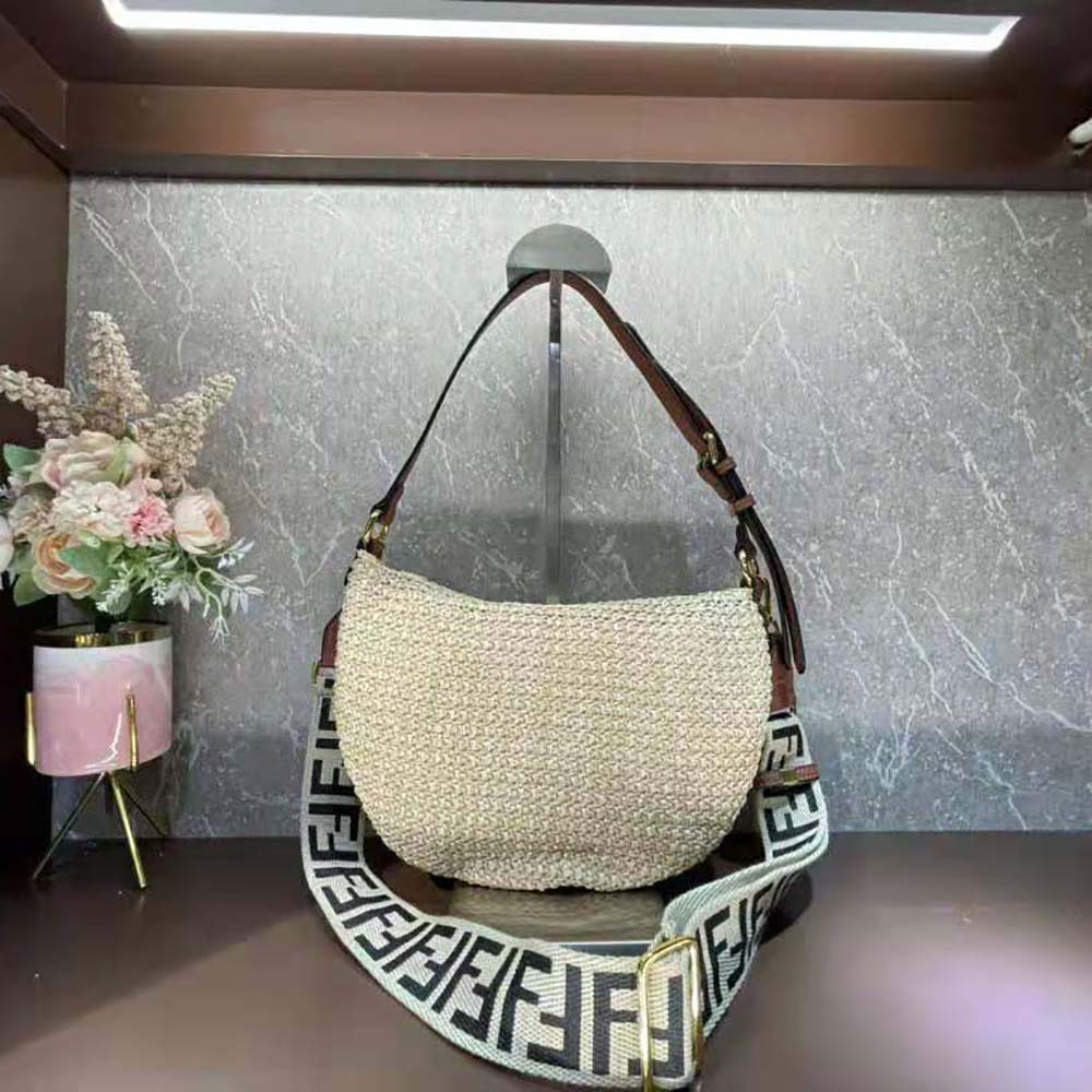 Fendi Women Small Croissant Woven Straw Bag-Beige - image 4