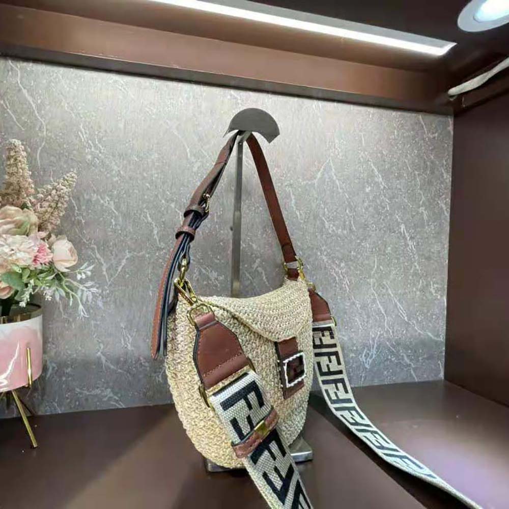 Fendi Women Small Croissant Woven Straw Bag-Beige - image 5