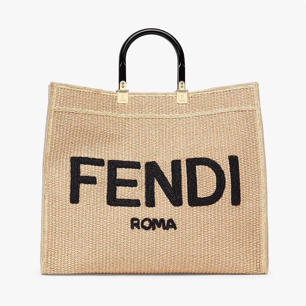 Front view of Fendi Women Sunshine Large Woven Straw Shopper-Beige