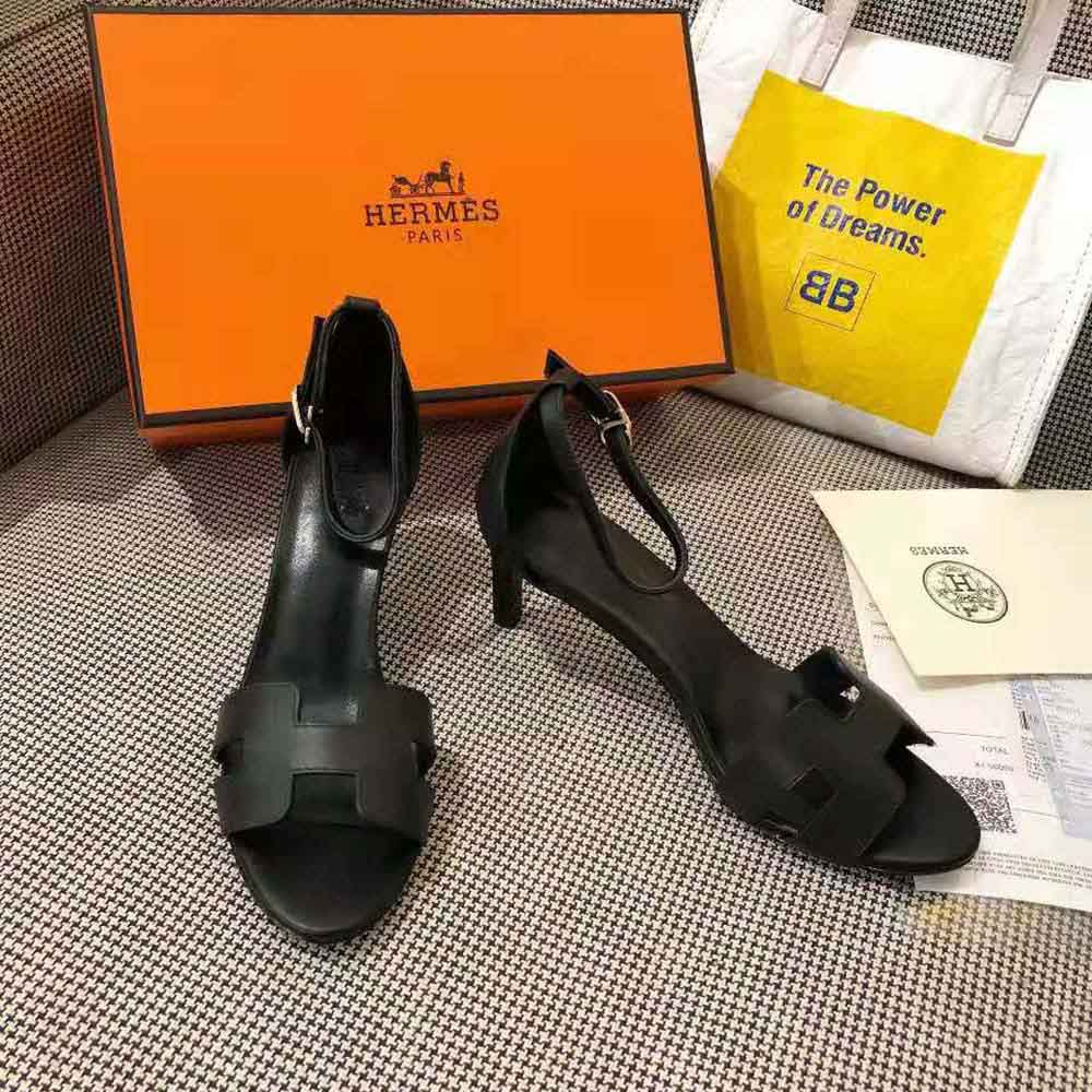 Front angle of black Hermes Women Premiere 70 High Heel Sandal