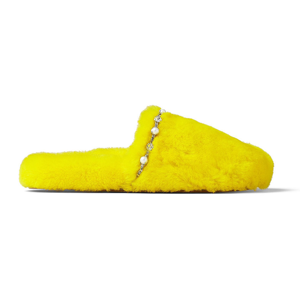 Front angle of Jimmy Choo Women Aliette Flat Mimosa Shearling Slippers-Yellow