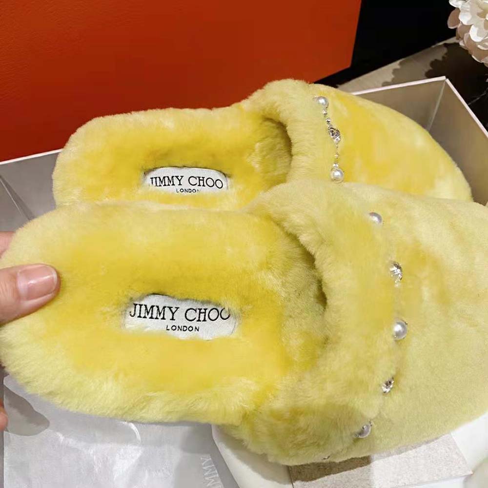 Jimmy Choo Women Aliette Flat Mimosa Shearling Slippers-Yellow - image 5