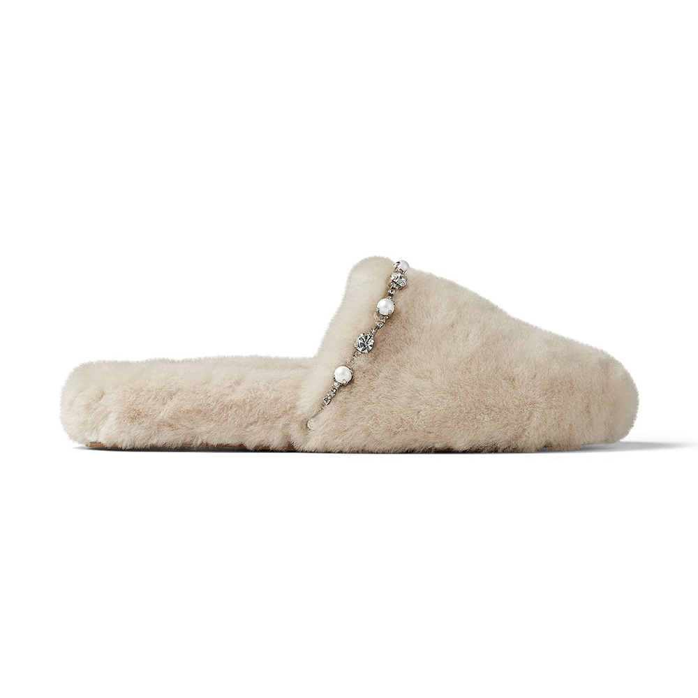 Front angle of Jimmy Choo Women Aliette Flat Natural Shearling Slippers-Beige