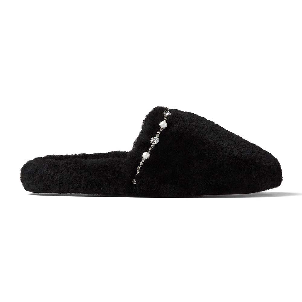 Side view of Jimmy Choo Women Aliette Flat Natural Shearling Slippers-Black