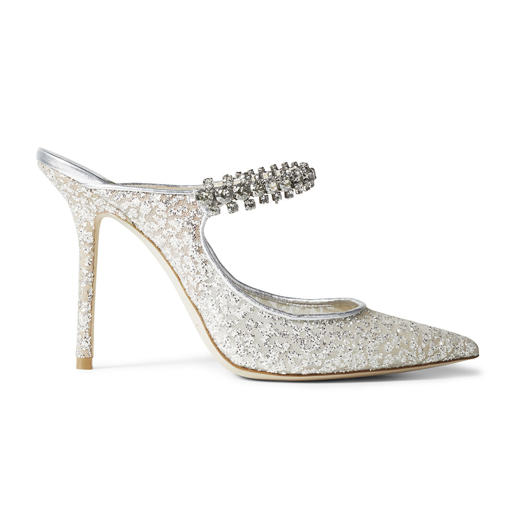 Side view of Jimmy Choo Women BING 100 Silver Glitter Tulle Mules with crystal strap
