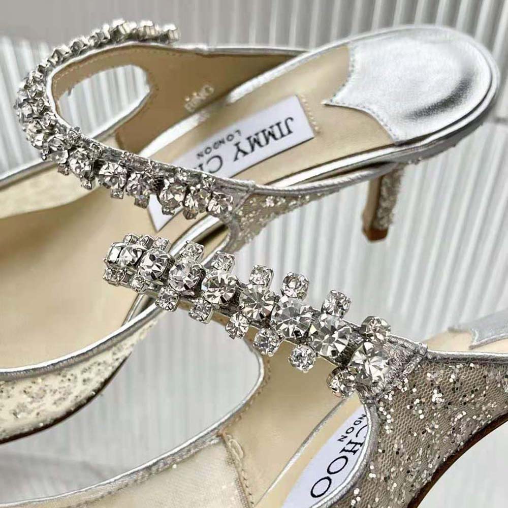 Jimmy Choo Women BING 100 Silver Glitter Tulle Mules with Crystal Strap - image 5