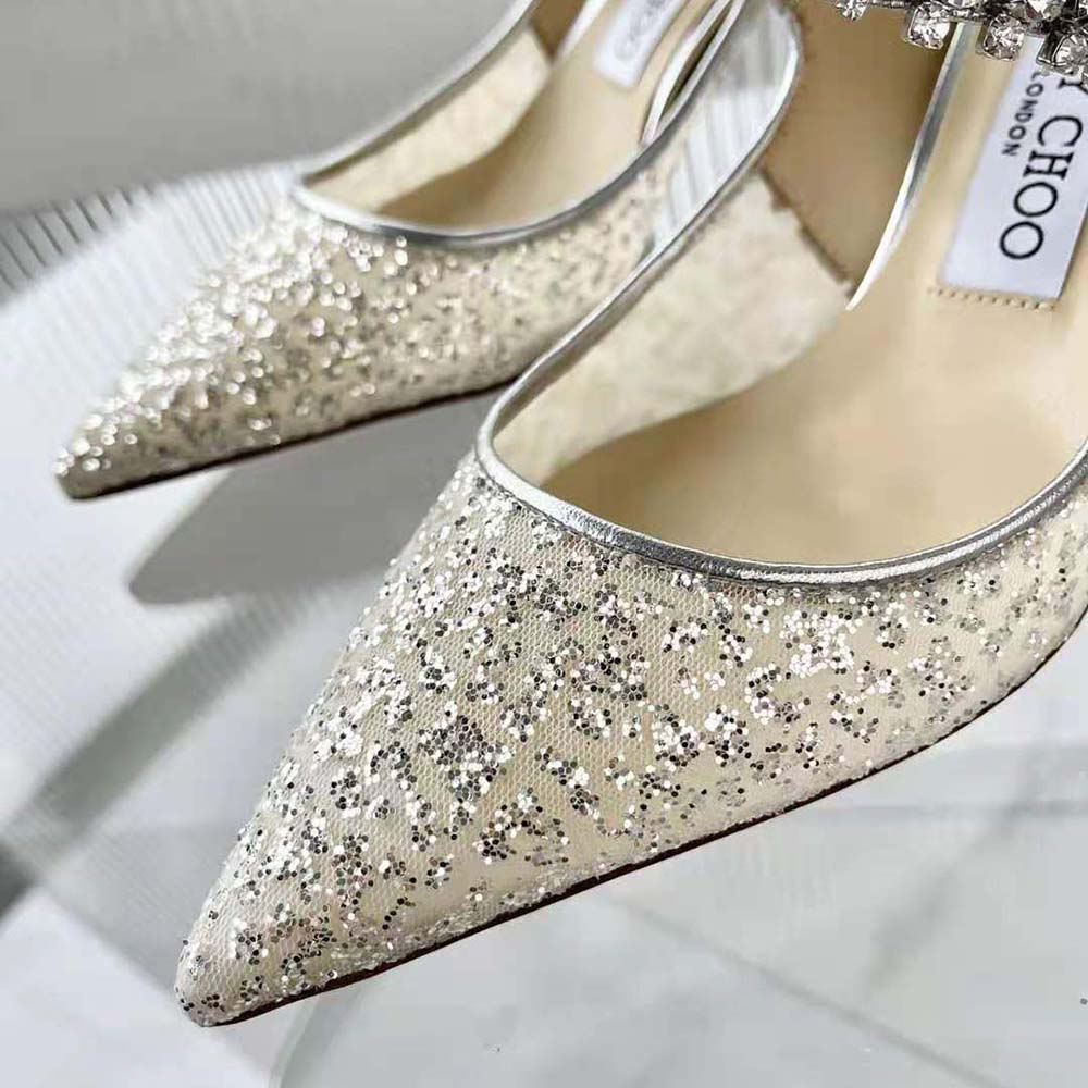 Jimmy Choo Women BING 100 Silver Glitter Tulle Mules with Crystal Strap - image 4