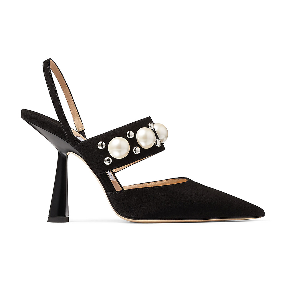 Side angle of Jimmy Choo Women Breslin 100 Black Suede Slingbacks highlighting pearl detailing