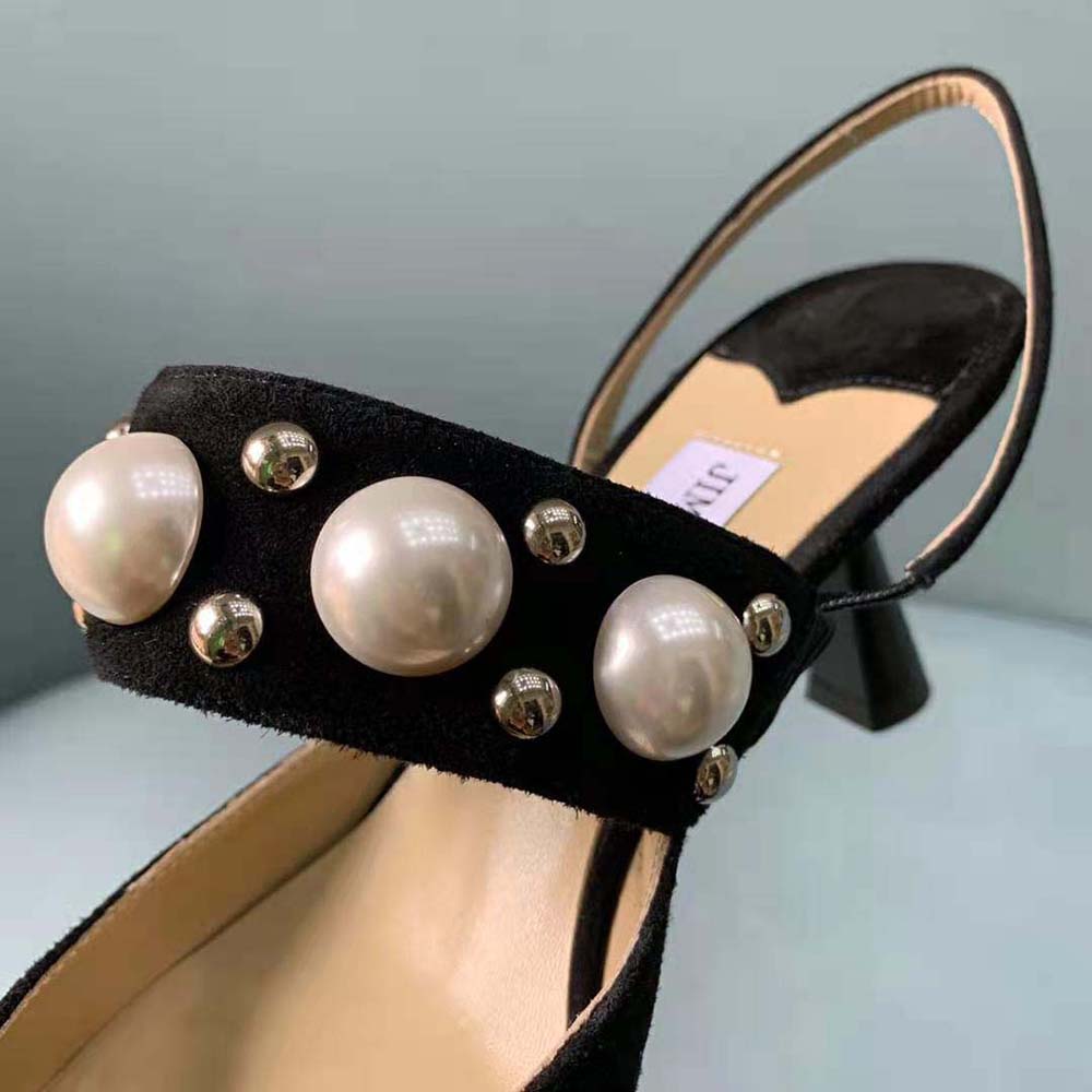 Jimmy Choo Women Breslin 100 Black Suede Slingbacks with Pearl and Stud Embellishment - image 10